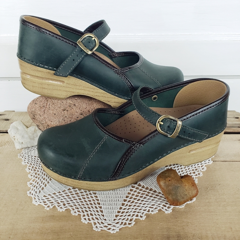 Emerald Green Dansko Pro Clog Marcelle MaryJane Straps Buckle Boho Cottage Gypsy - Picture 2 of 12